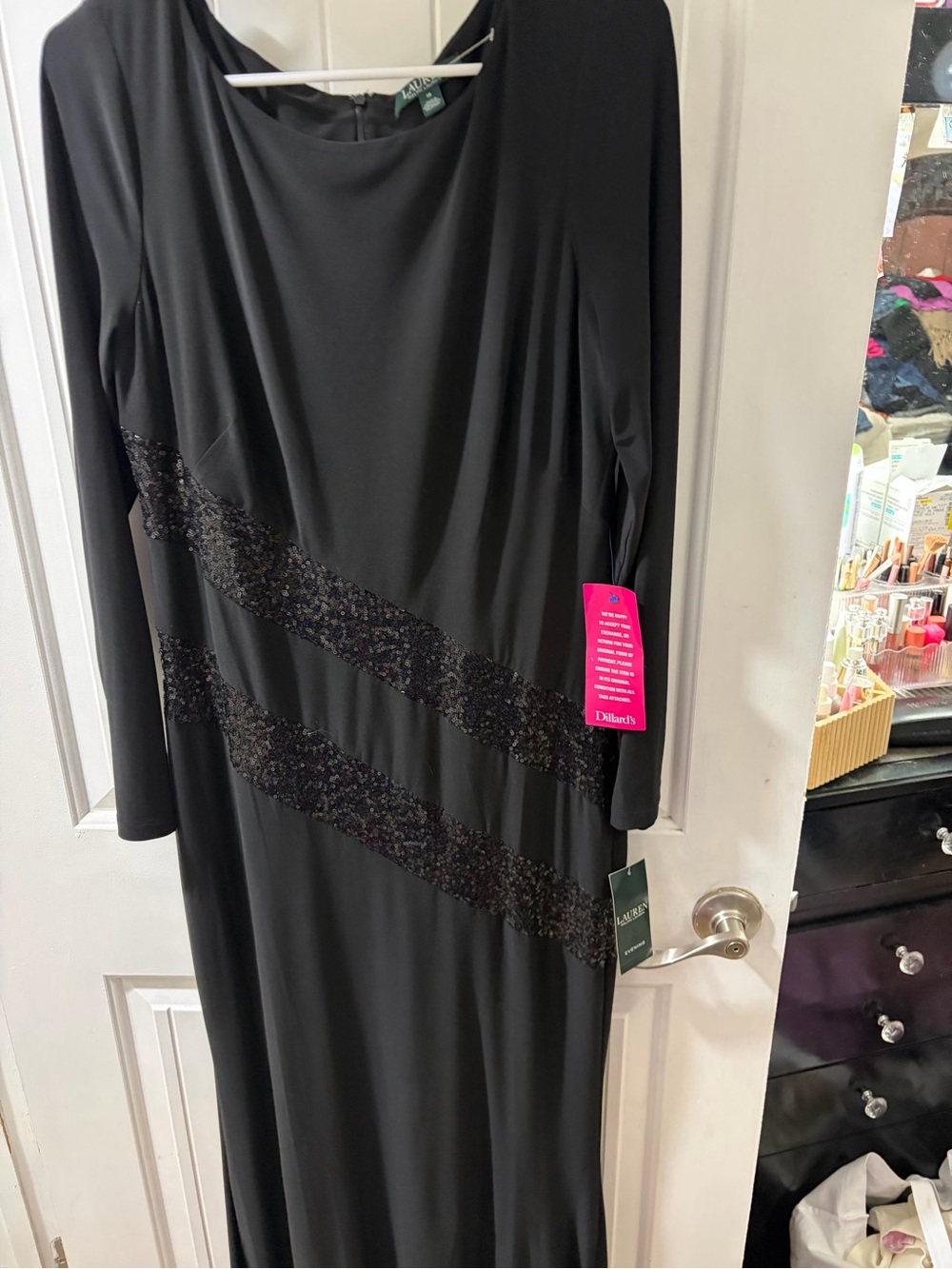 Ralph Lauren Black Long Sleeve Evening Gown with Sequin Diagonals